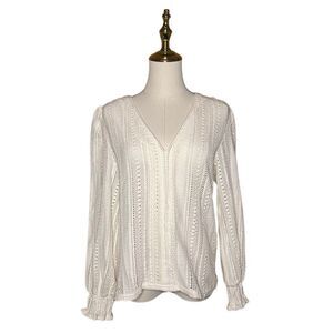 Easy Clothes White Long Sleeve Crochet Blouse Top Size M/L V-neck Bishop Sleeve